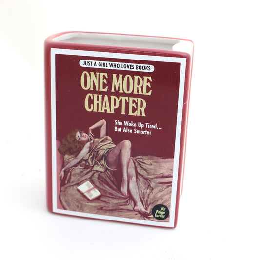 One More Chapter book vase, pencil holder, ceramic book shaped pulp novel parody