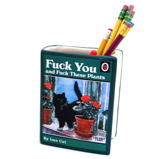 Book vase, cat, F you and these plants, book shaped pencil holder or planter, mature language